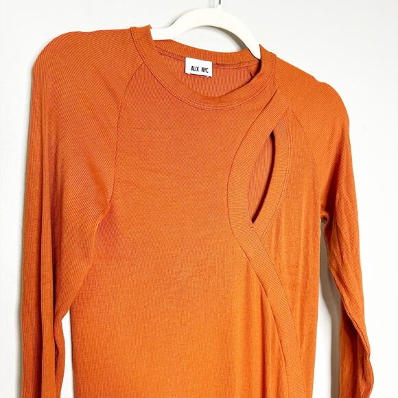 Alix NYC Womens Pratt Mini Dress Ribbed Long Sleeves Front Cut-Out Amber Size XL - Picture 7 of 12